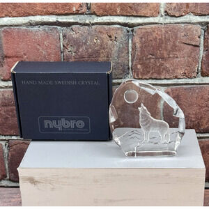 Nybro Sweden Etched Block Crystal Wolf Paperweight Handmade Signed Vintage w Box